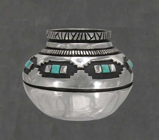 Pewter Vessel With Turquoise-Sculpture-Fred Ortiz-Sorrel Sky Gallery