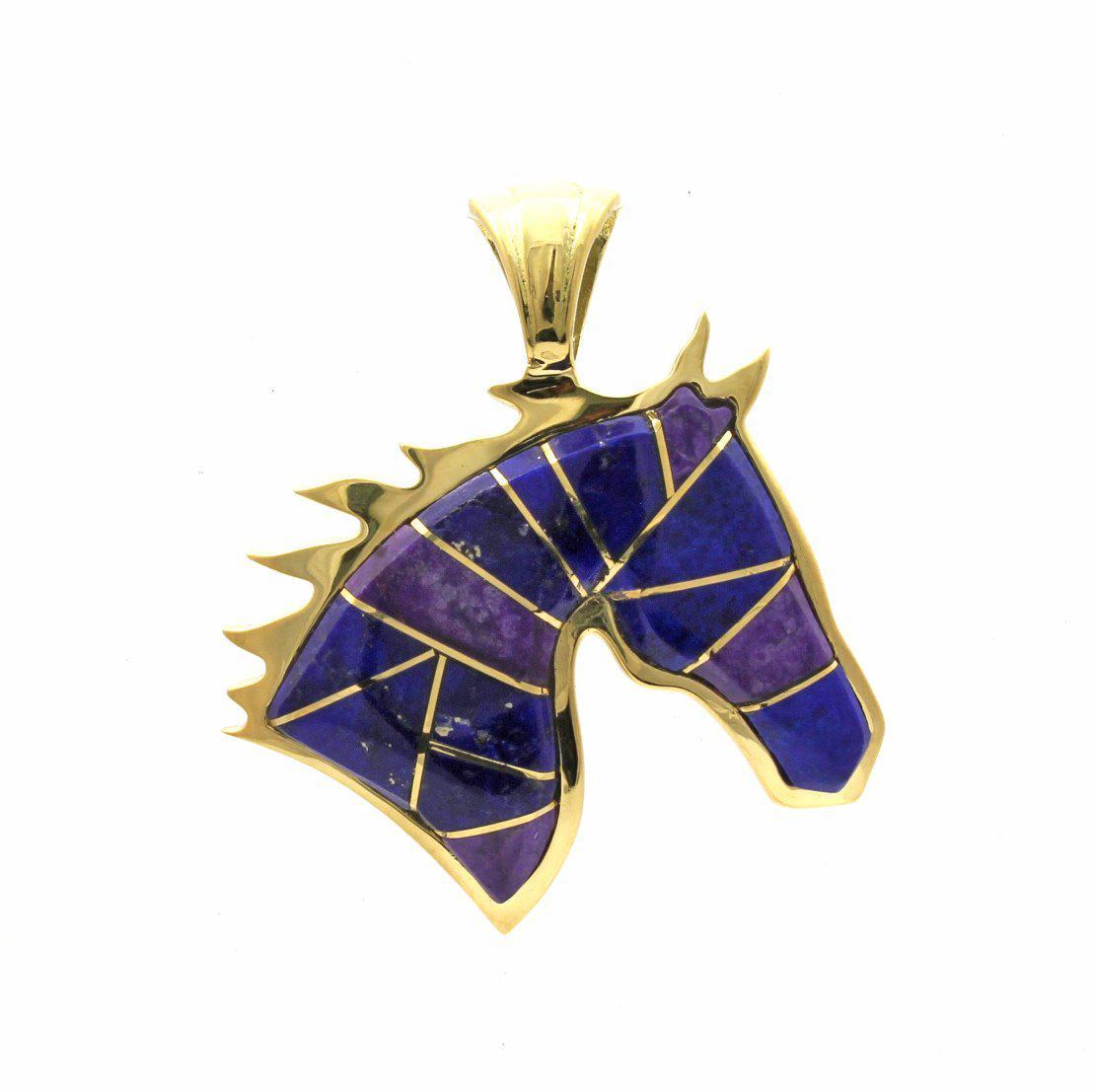 18K yellow gold horse head pendant inlaid with lapis and sugilite