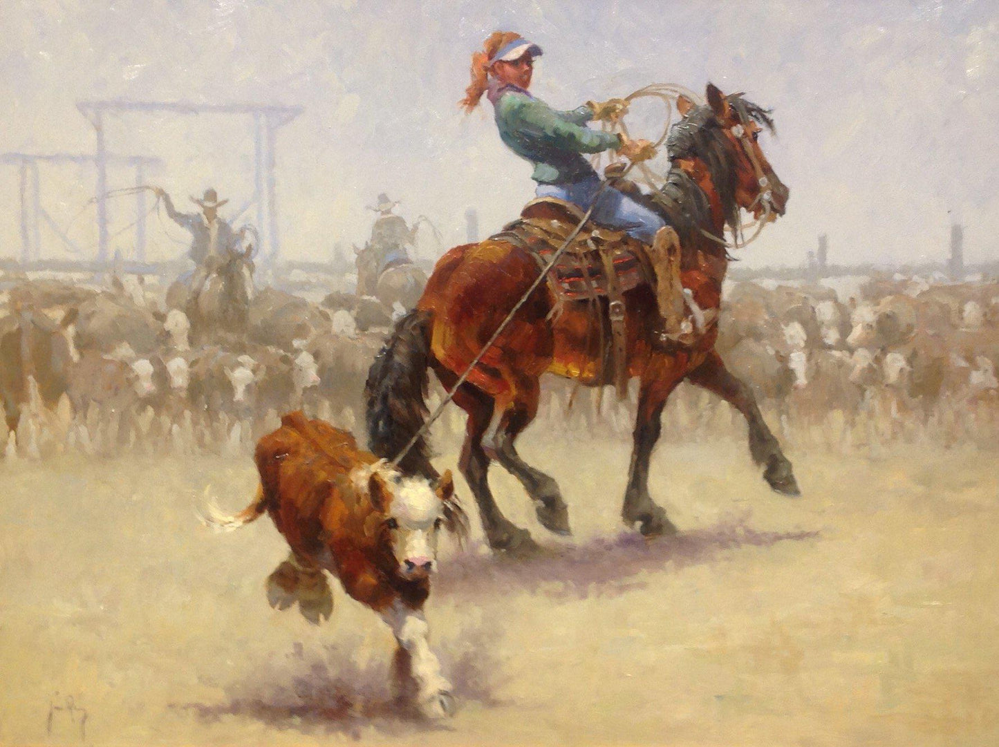 Oil painting of a cowgirl roping a calf by Durango artist Jim Rey