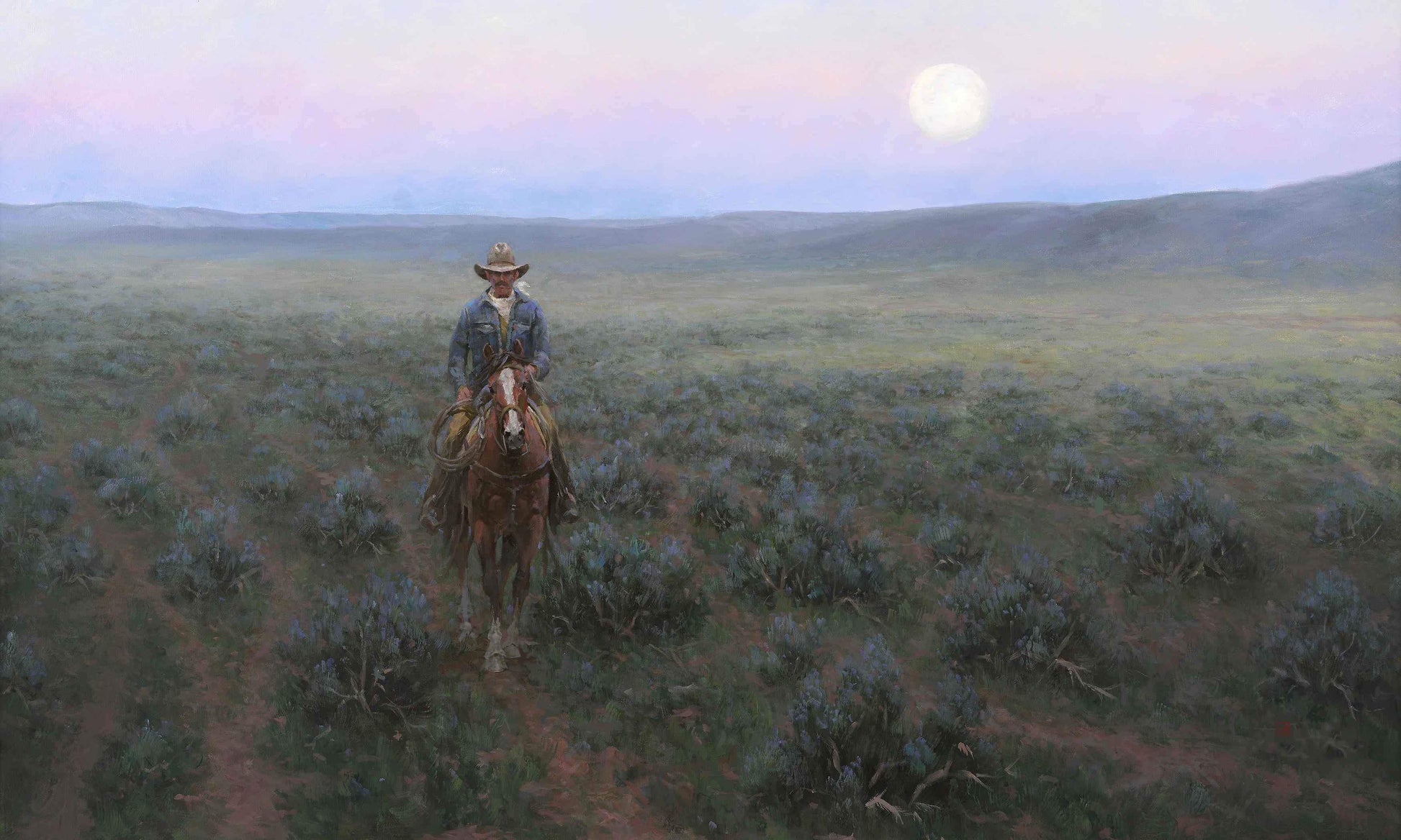 Western Art. Digital painting of a cowboy riding his horse in a sage filled pasture at dusk. moonlight. Jim Rey. Sorrel Sky Gallery