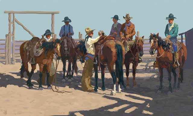 WEstern Art - digital painting of a western scene. Cowboys saddling up their horses on a ranch. Jim Rey. Sorrel Sky Gallery.