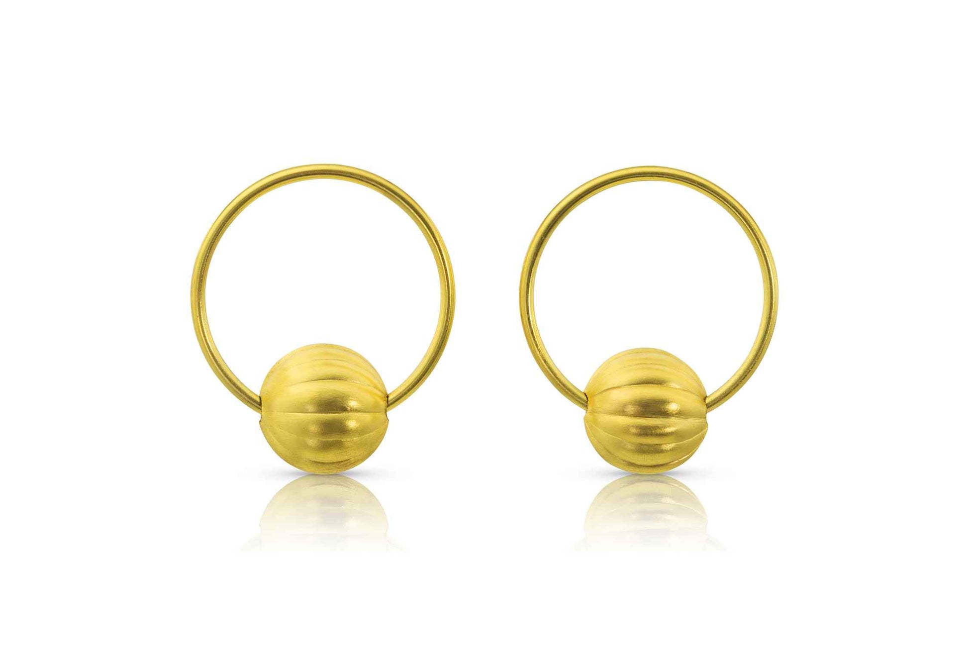 22k Gold hoop earrings with a gold ball at the bottom