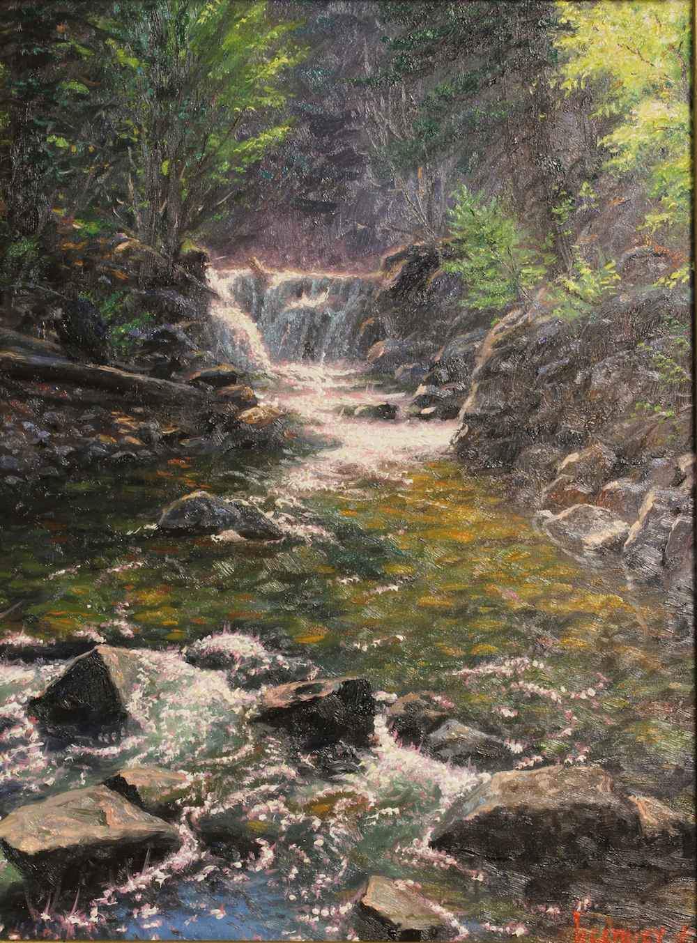 Landscape painting of a lush mountain stream. Oil painting by Mark Keathley. Sorrel Sky Gallery