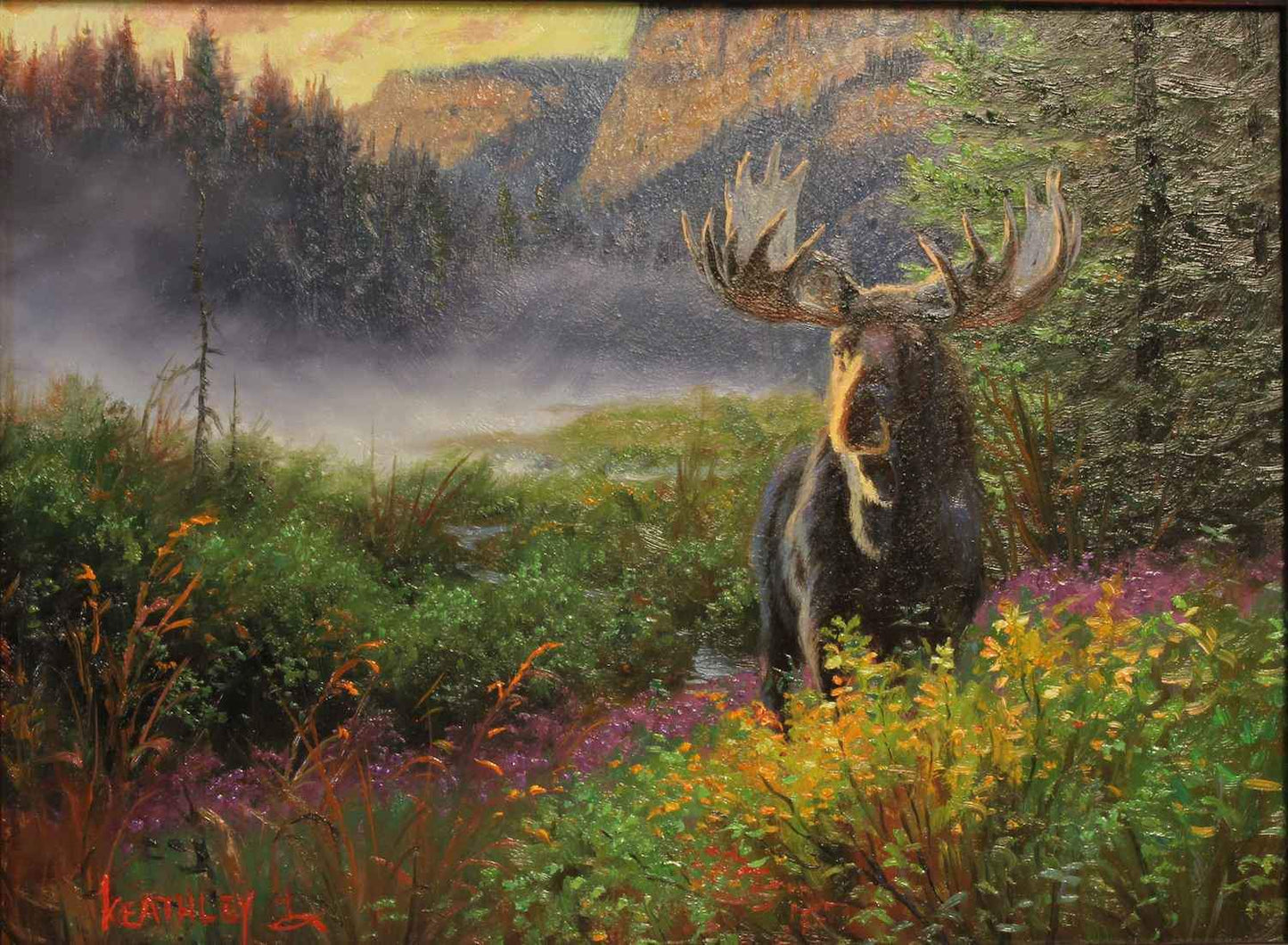 Moose in a mountain landscape. Painting by Mark Keathley. Sorrel Sky Gallery