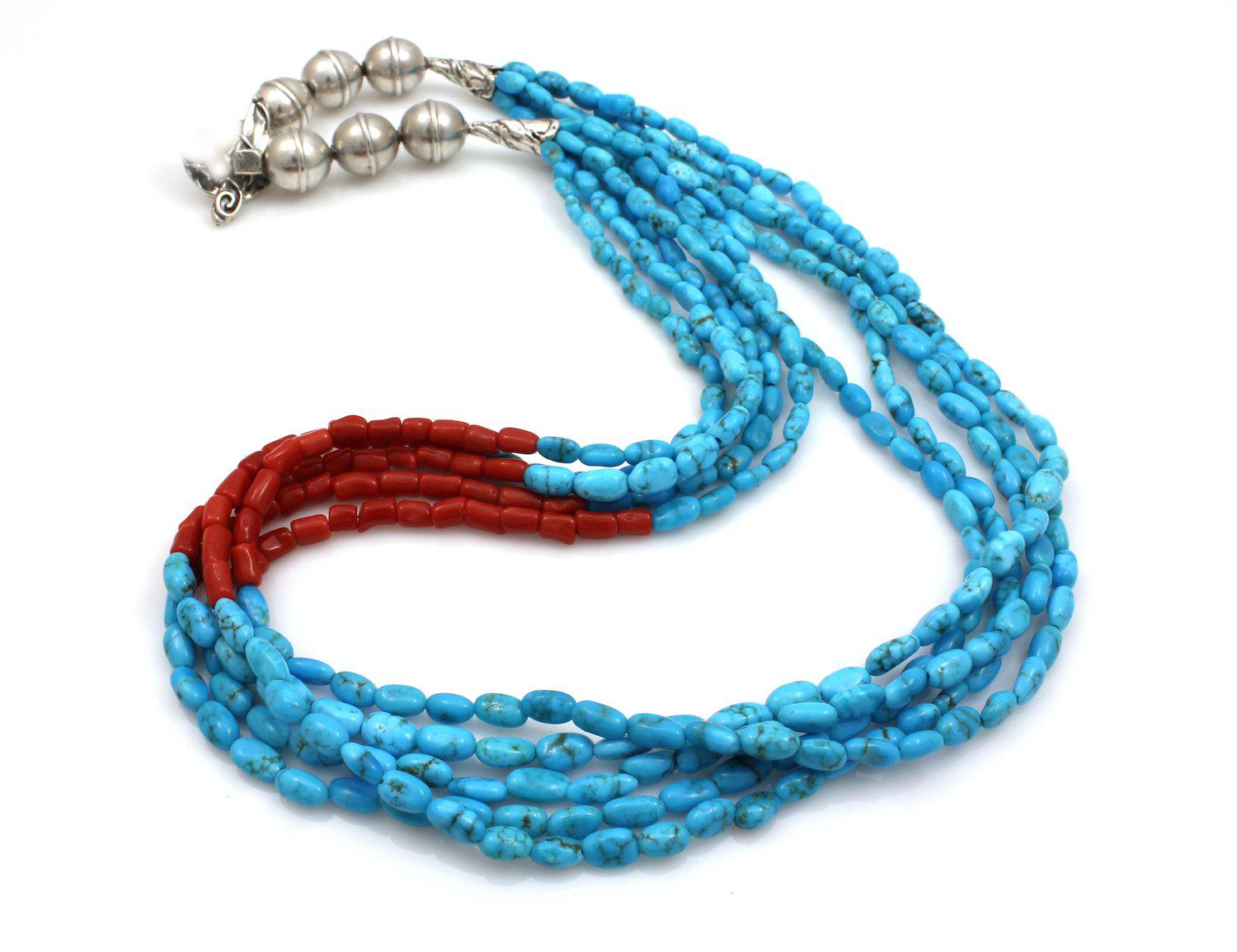 Five Strand Turquoise and Coral Necklace-Jewelry-Pam Springall-Sorrel Sky Gallery