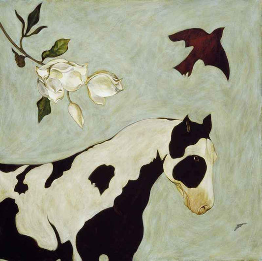 A Giclee print of a black and white paint horse on a light green background with white flowers and a flying bird.
