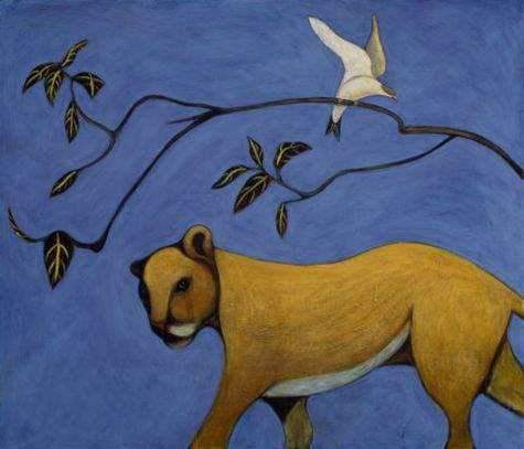 A Giclee print of a young mountain lion on a bright blue backgroud with a branch and a bird. Conteporary art.
