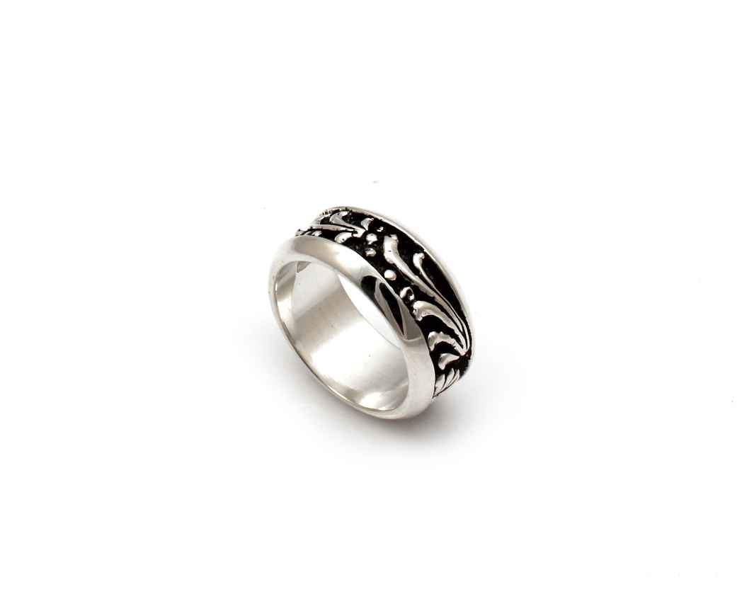 All Silver Wide Carved Band Ring