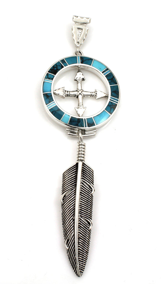 Inlay Medicine Wheel With Plume Eagle Feather Pendant-Jewelry-Ray Tracey-Sorrel Sky Gallery