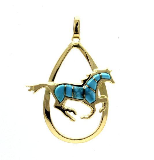 18K yellow gold running horse pendant inlaid with turquoise