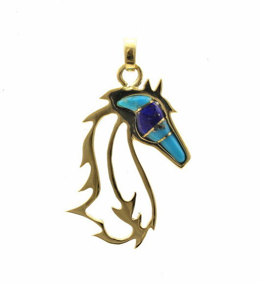 18K yellow gold horse pendant inlaid with turquoise and lapis