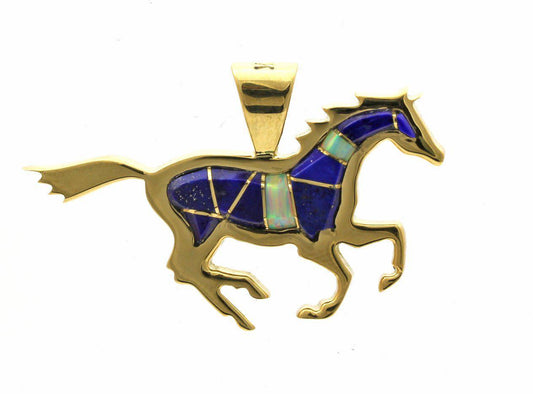 18K yellow gold horse pendant with lapis and opal inlay on gold chain