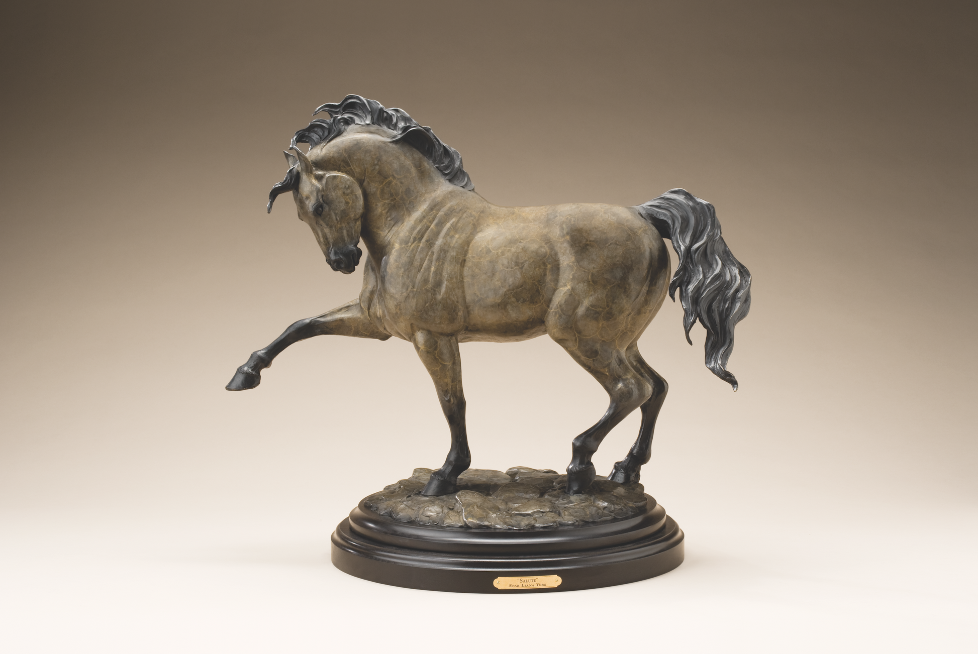 Saluting horse sculpture with wooden base