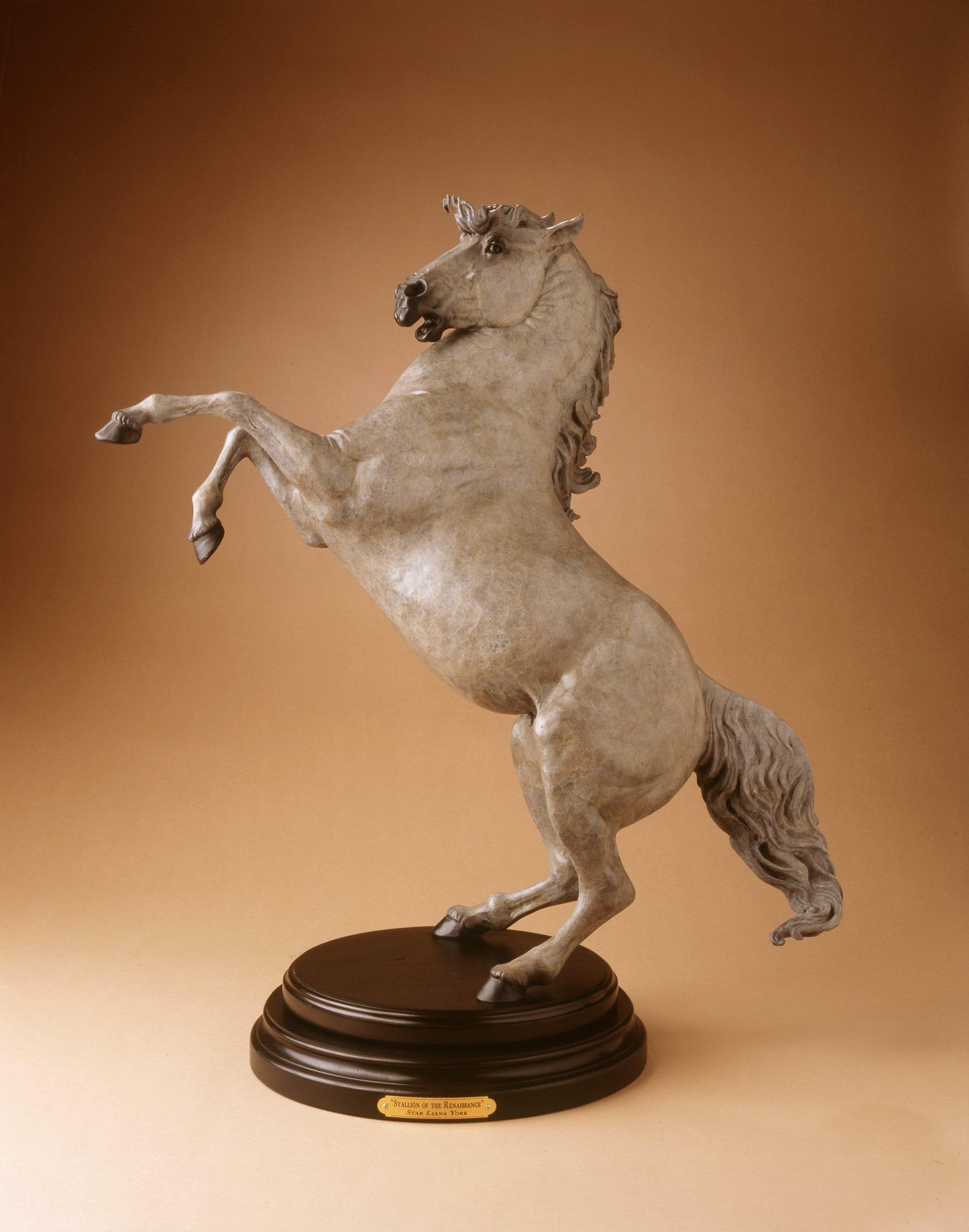 Bronze sculpture of rearing stallion on wooden base