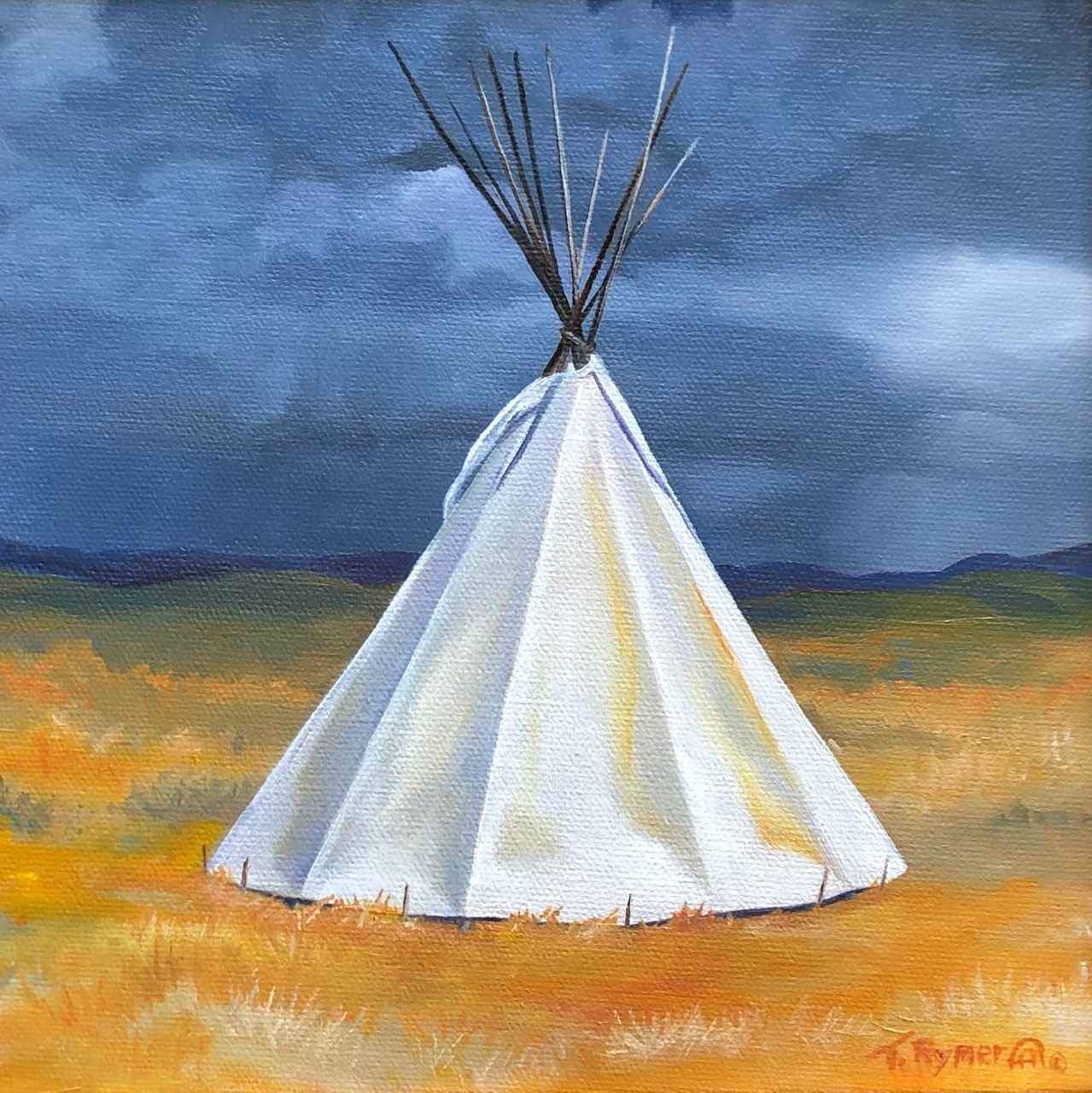 White teepee painting on a golden field with a dark sky. Tamara Rymer Painting at Sorrel Sky Gallery.