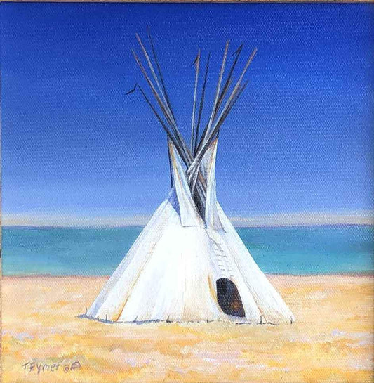 painting of a white teepee on a golden field with a blue lake in the background. Original Oil Painting by Tamara Rymer. Sorrel Sky Gallery