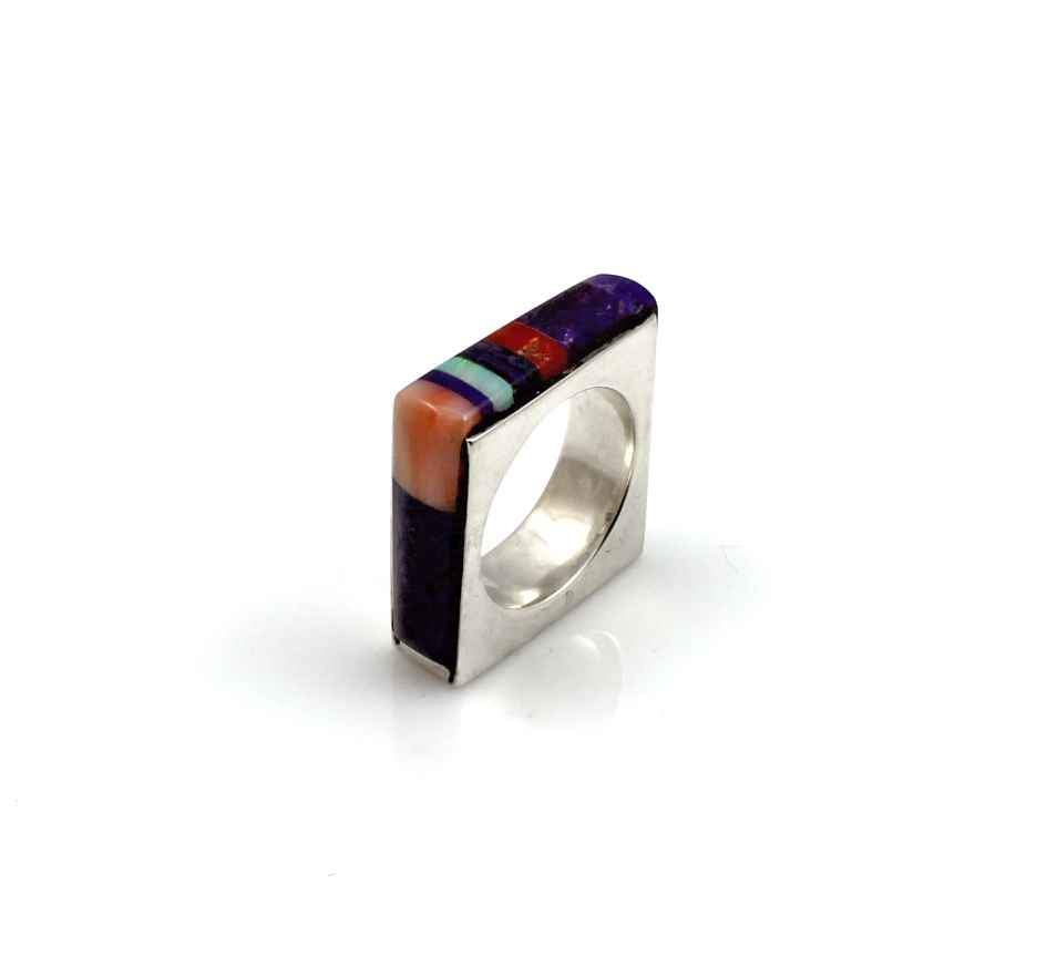 Square sterling silver ring inlaid with sugilite, coral and opal by Victor Gabriel